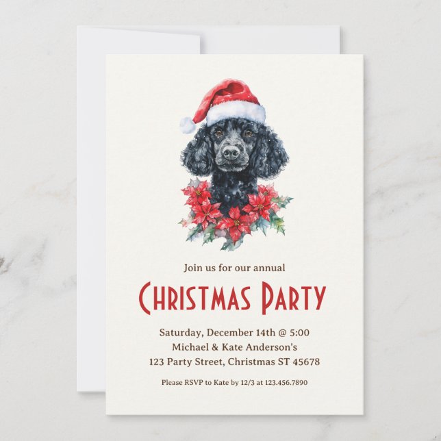 Poodle in a Santa Hat Black Dog Christmas Party Invitation (Front)