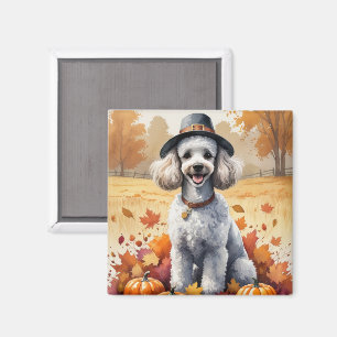 Poodle In Autumn Leaves Thanksgiving Art Magnet