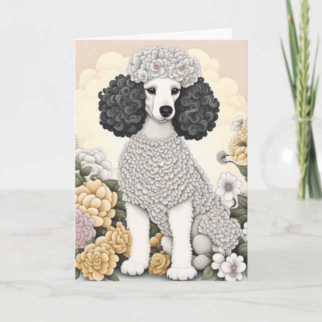 Poodle in Whimsical Flowers Happy Birthday Card (Front)