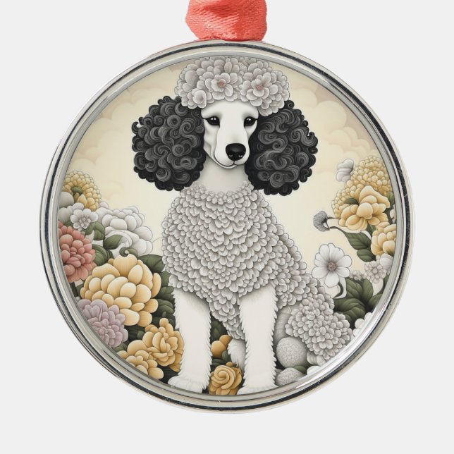 Poodle in Whimsical Flowers  Metal Tree Decoration (Front)