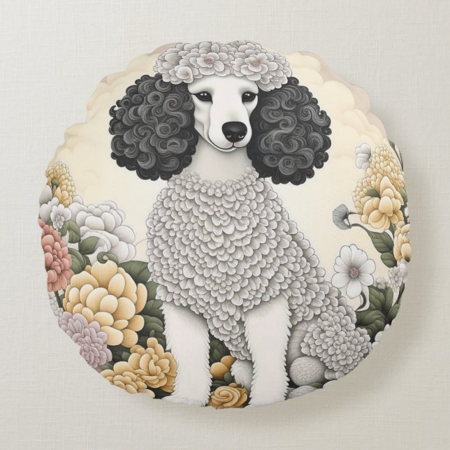 Poodle in Whimsical Flowers  Round Cushion (Front)
