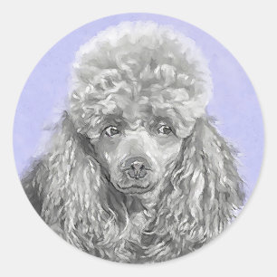 Poodle Miniature Toy Silver Grey Blue Dog Art Classic Round Sticker