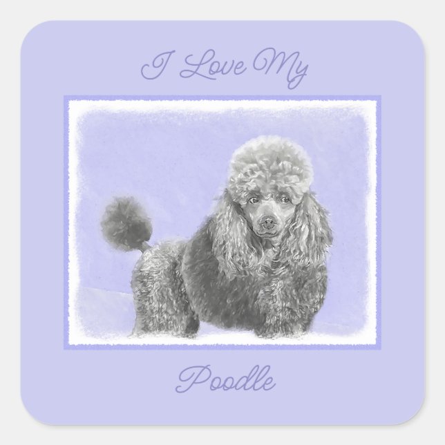Poodle Miniature Toy Silver Grey Blue Dog Art Squa Square Sticker (Front)