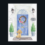 Poodle Moving Announcement Postcard<br><div class="desc">Announce your new address with our stylish announcement featuring a tan poodle,  blue front door,  welcome mat,  slate sign,  topiaries and a floral wreath set on a grey brick background.</div>