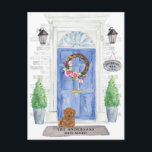 Poodle Moving Announcement Postcard<br><div class="desc">Announce your new address with our stylish announcement featuring a poodle,  blue front door,  welcome mat,  slate sign,  topiaries and a floral wreath set on a grey brick background.</div>