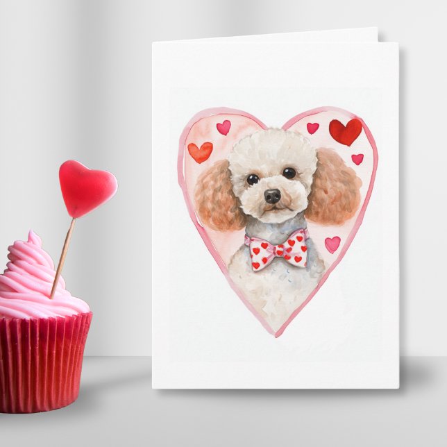Poodle Mum Valentines Day Dog Love Heart Pink Red  Holiday Card (Poodle heart Valentines day watercolor folded card for cute dog mom parent or custom in love gift )