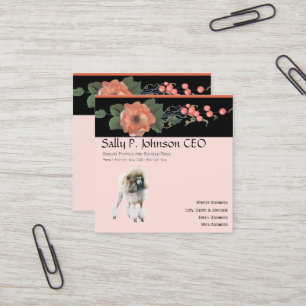 Poodle on Black Melon Floral Square Business Card