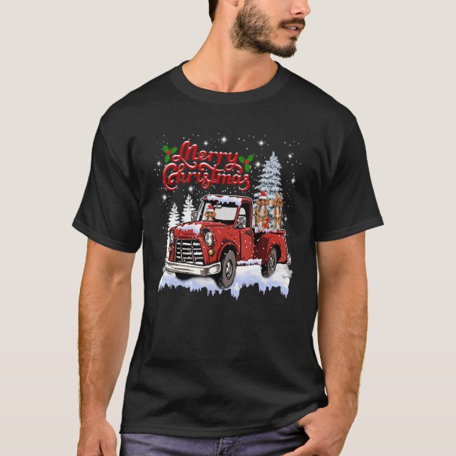 Poodle on Red Truck Christmas Lights Pajama Dog T-Shirt (Front)
