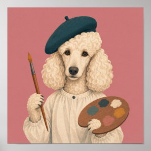 Poodle Painter Wearing Beret with Brush and Palett Poster