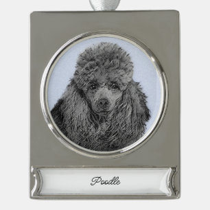 Poodle Painting Miniature Toy Black Original Art Silver Plated Banner Ornament
