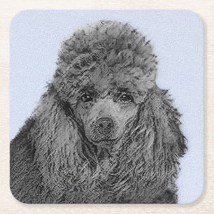 Poodle Painting Miniature Toy Black Original Art Square Paper Coaster
