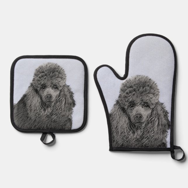 Poodle Painting Miniature Toy Black Pet Dog Art Oven Mitt & Pot Holder Set (Front)