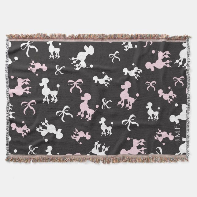 Poodle pink and black monogram throw blanket (Front)