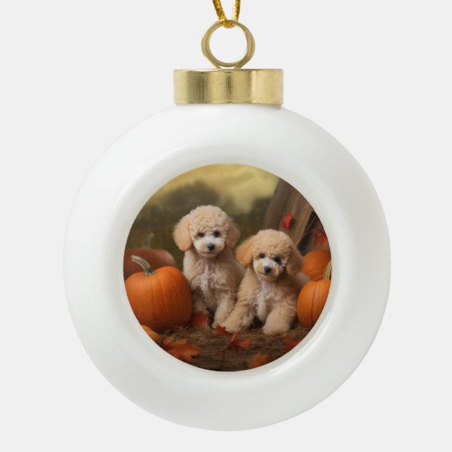 Poodle Puppy Autumn Delight Pumpkin Ceramic Ball Christmas Ornament (Front)