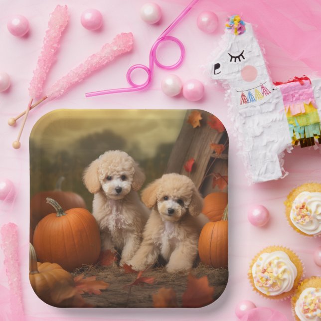 Poodle Puppy Autumn Delight Pumpkin Paper Plate (Party)
