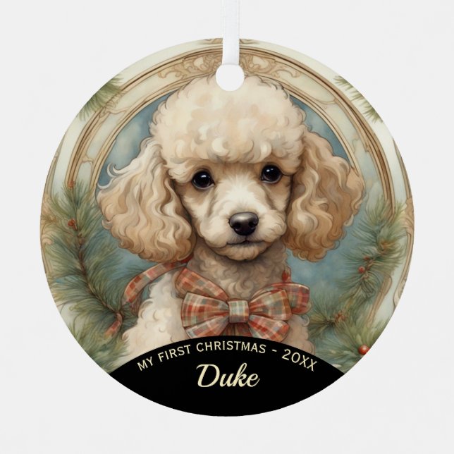 Poodle Puppy First Christmas Metal Ornament (Front)