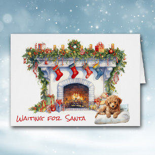 Poodle Puppy Waiting on Santa Christmas Fireplace
