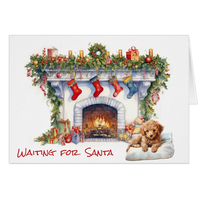 Poodle Puppy Waiting on Santa Christmas Fireplace (Front Horizontal)