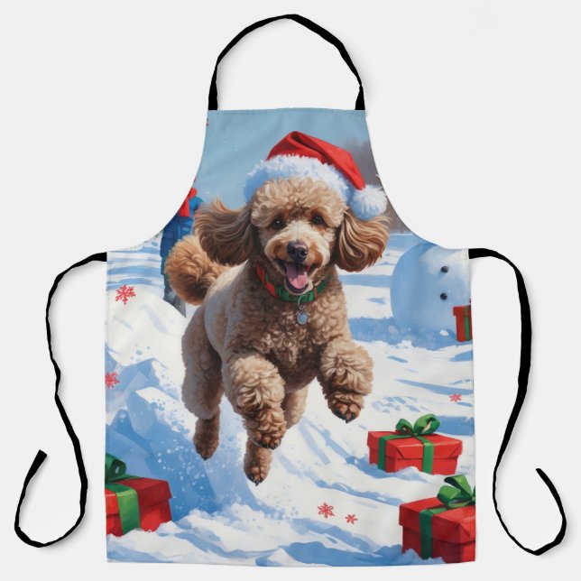 Poodle Running in Snow with Christmas Hat Apron (Front)