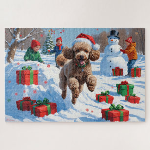Poodle Running in Snow with Christmas Hat Jigsaw Puzzle