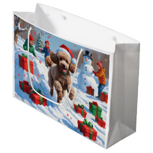 Poodle Running in Snow with Christmas Hat Large Gift Bag