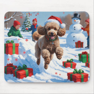 Poodle Running in Snow with Christmas Hat Mouse Mat