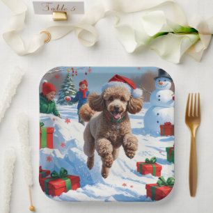 Poodle Running in Snow with Christmas Hat Paper Plate