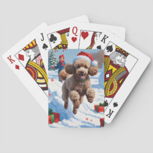 Poodle Running in Snow with Christmas Hat Playing Cards
