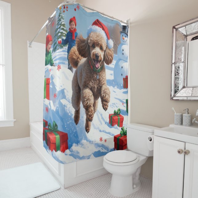 Poodle Running in Snow with Christmas Hat Shower Curtain (In Situ)