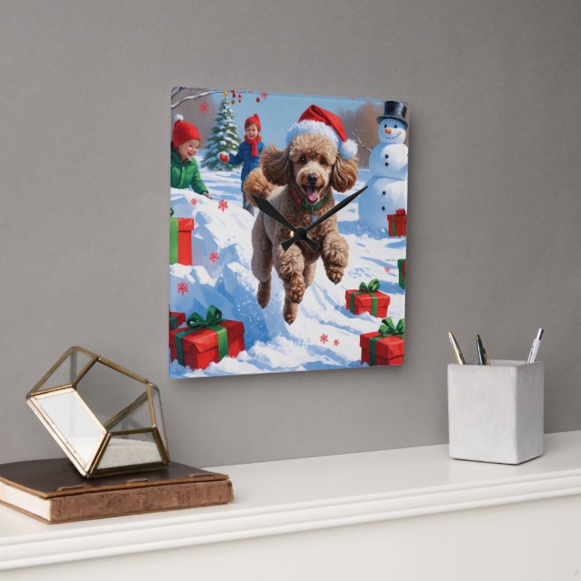 Poodle Running in Snow with Christmas Hat Square Wall Clock (Office)