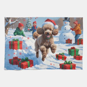 Poodle Running in Snow with Christmas Hat Tea Towel