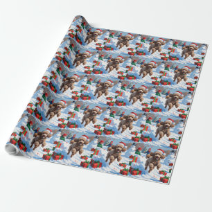 Poodle Running in Snow with Christmas Hat Wrapping Paper
