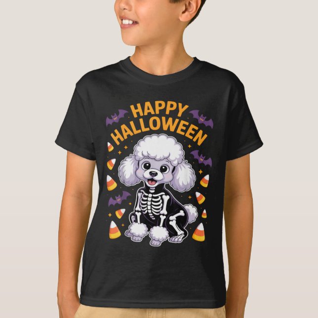 Poodle Skeleton Happy Halloween T-Shirt (Front)