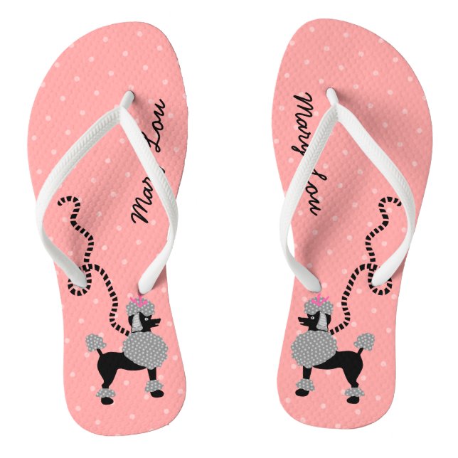 Poodle Skirt Dog Retro Pink 50s Modern Custom Name Flip Flops (Footbed)