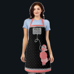 Poodle Skirt Retro 50s Dog Groomer Custom Black Apron<br><div class="desc">This cute, personalised apron is made to look like the classic poodle skirts of the 1950s. A pretty French poodle dog in pink and grey is on the left side, its light grey leash winding upward. The background is black with dark grey polka dots. The top and bottom have a...</div>