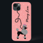 Poodle Skirt Retro Pink and Black 50s Personalised iPhone 13 Case<br><div class="desc">This cute French poodle design Galaxy phone case is derived from the classic poodle skirts of the 1950s. The pretty black poodle dog has grey pompons of fur with polka dots and a black stencil-style leash. It all rests on a vintage pink background with a light pink polka-dotted effect. Easily...</div>