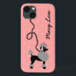 Poodle Skirt Retro Pink and Black 50s Personalised iPhone 13 Case<br><div class="desc">This cute French poodle design Galaxy phone case is derived from the classic poodle skirts of the 1950s. The pretty black poodle dog has grey pompons of fur with polka dots and a black stencil-style leash. It all rests on a vintage pink background with a light pink polka-dotted effect. Easily...</div>