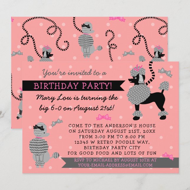 Poodle Skirt Retro Pink Black 50s Birthday Party Invitation (Front/Back)