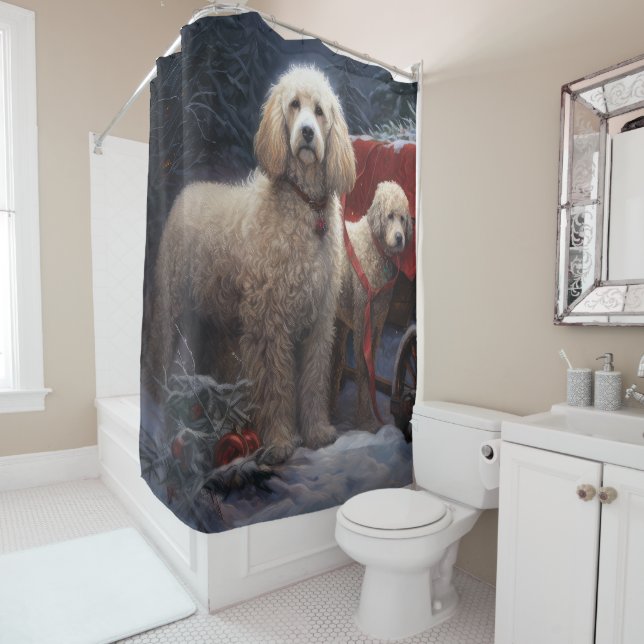 Poodle Snowy Sleigh Christmas Decor Shower Curtain (In Situ)