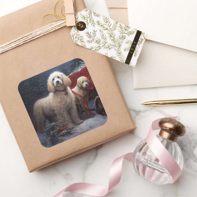 Poodle Snowy Sleigh Christmas Decor Square Sticker (Gifting)