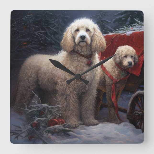 Poodle Snowy Sleigh Christmas Decor Square Wall Clock (Front)