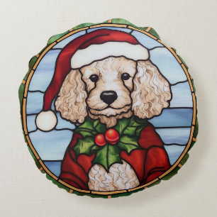 Poodle Stained Glass Christmas  Round Cushion