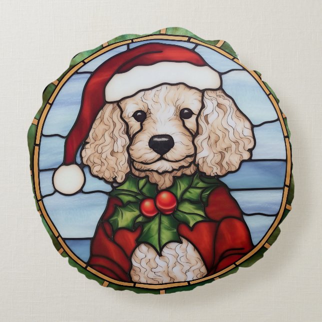 Poodle Stained Glass Christmas  Round Cushion (Back)