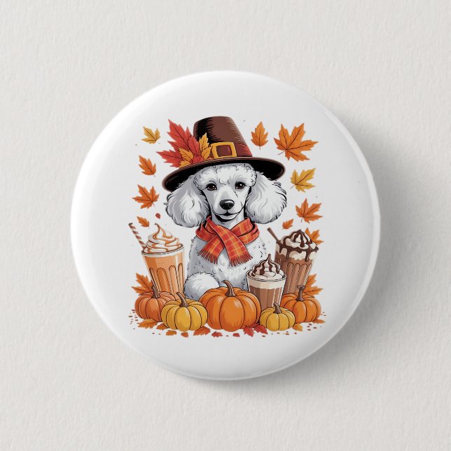 Poodle Thanksgiving Drinks Coffee Fall Leaves Pump 6 Cm Round Badge (Front)