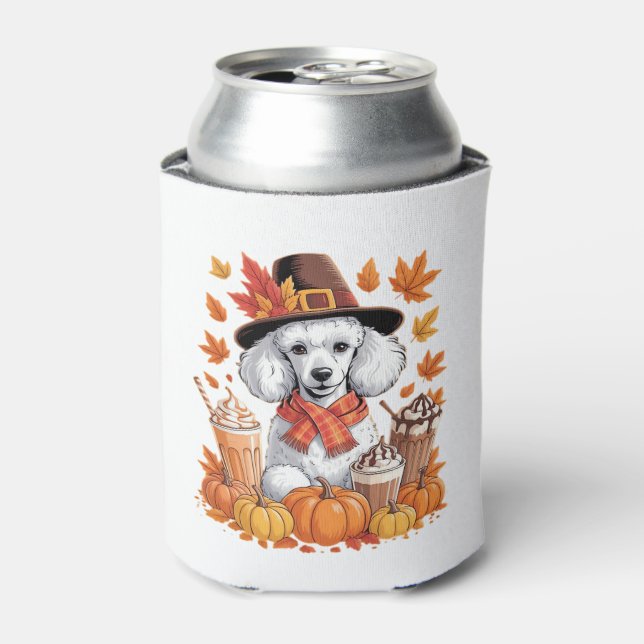 Poodle Thanksgiving Drinks Coffee Fall Leaves Pump Can Cooler (Can Front)