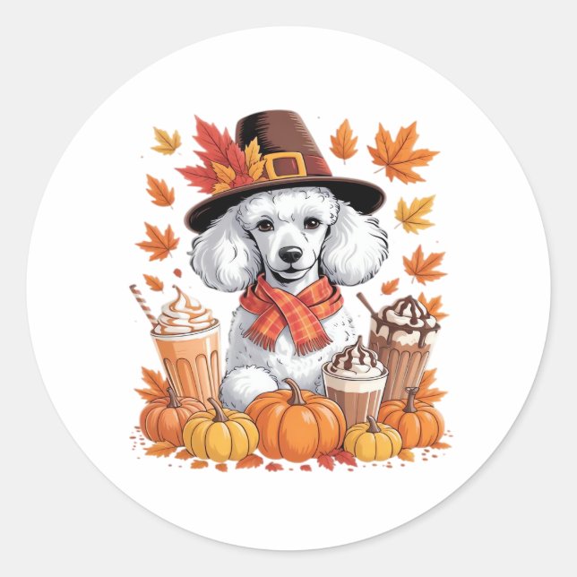 Poodle Thanksgiving Drinks Coffee Fall Leaves Pump Classic Round Sticker (Front)