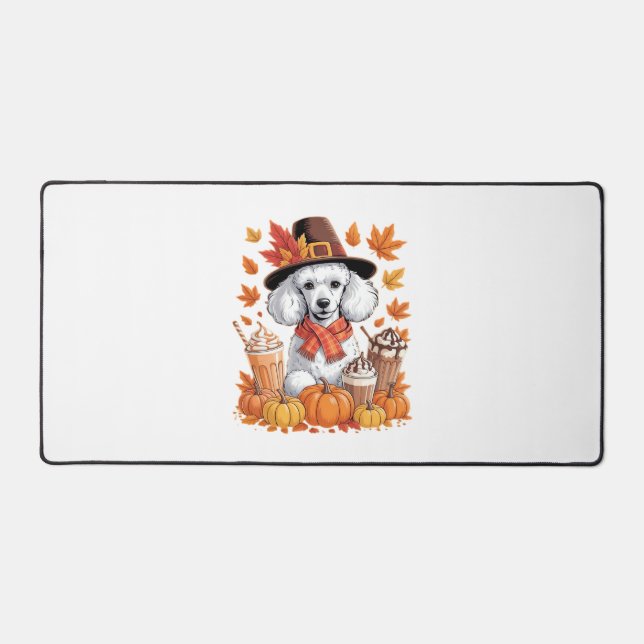 Poodle Thanksgiving Drinks Coffee Fall Leaves Pump Desk Mat (Front)
