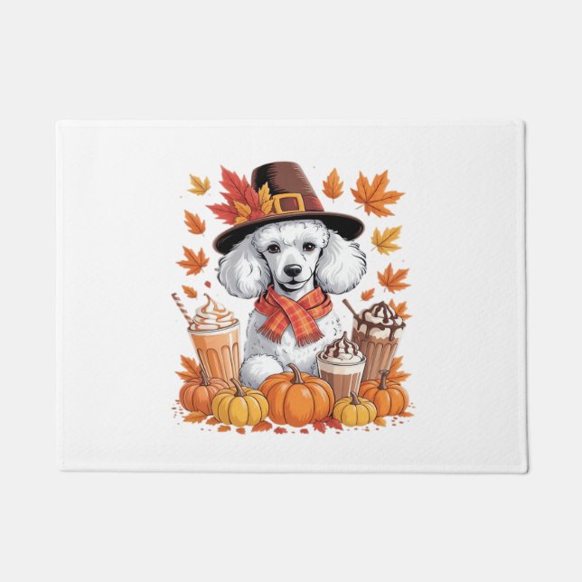 Poodle Thanksgiving Drinks Coffee Fall Leaves Pump Doormat (Front)