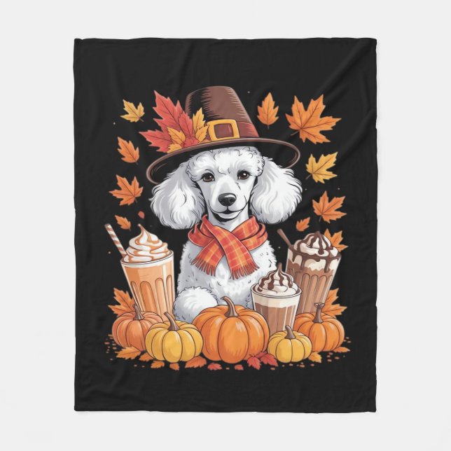 Poodle Thanksgiving Drinks Coffee Fall Leaves Pump Fleece Blanket (Front)