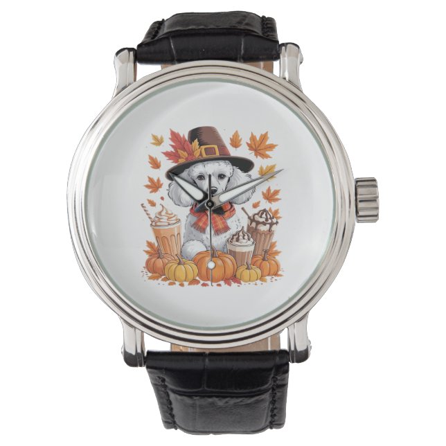 Poodle Thanksgiving Drinks Coffee Fall Leaves Pump Watch (Front)